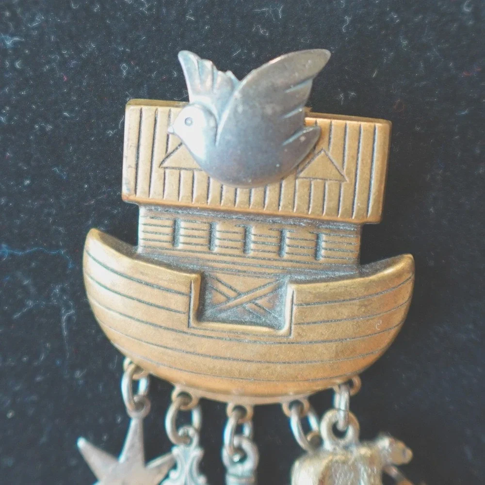 Vintage Noah's‎ Ark Brooch or Pendant Bronze & Silver Tone 4 inch Dangle Jewelry